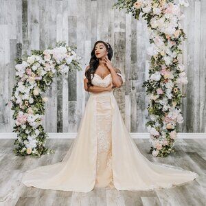 Blush Off-Shoulder Lace & Tulle Sheath Wedding Dress with Detachable Skirt